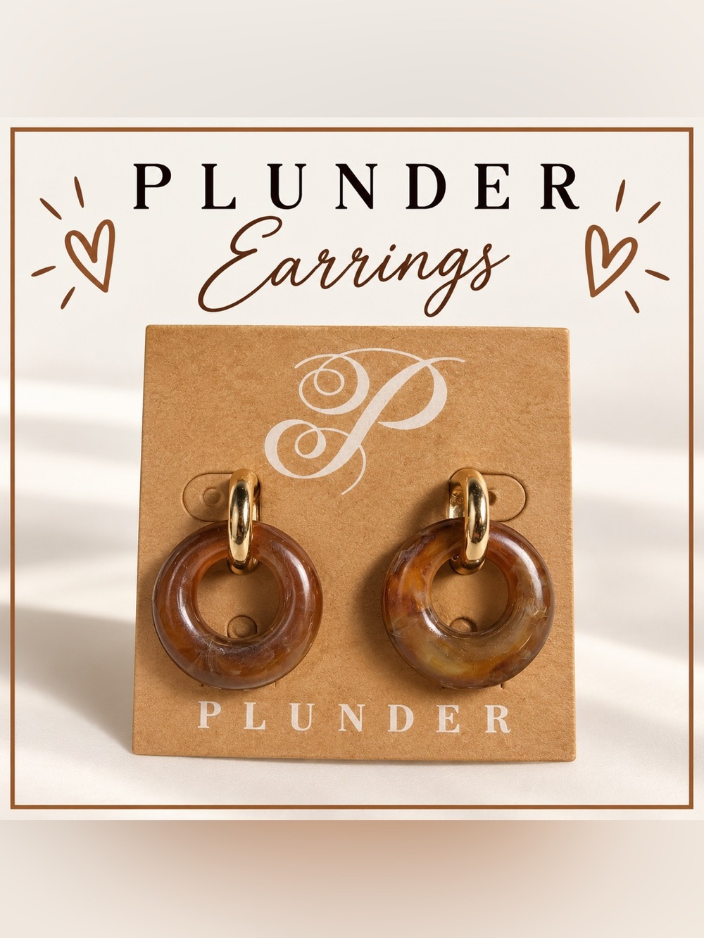 Plunder Jewelry Brown Marbled Donut Drop Gold Tone Earrings